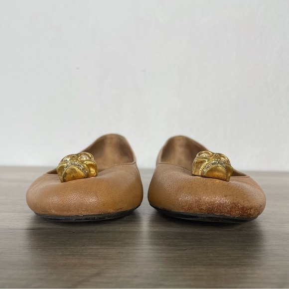 ALEXANDER Mcqueen Tan Leather Gold Rhinestone Skull Ballet Flats - Picture 10 of 14